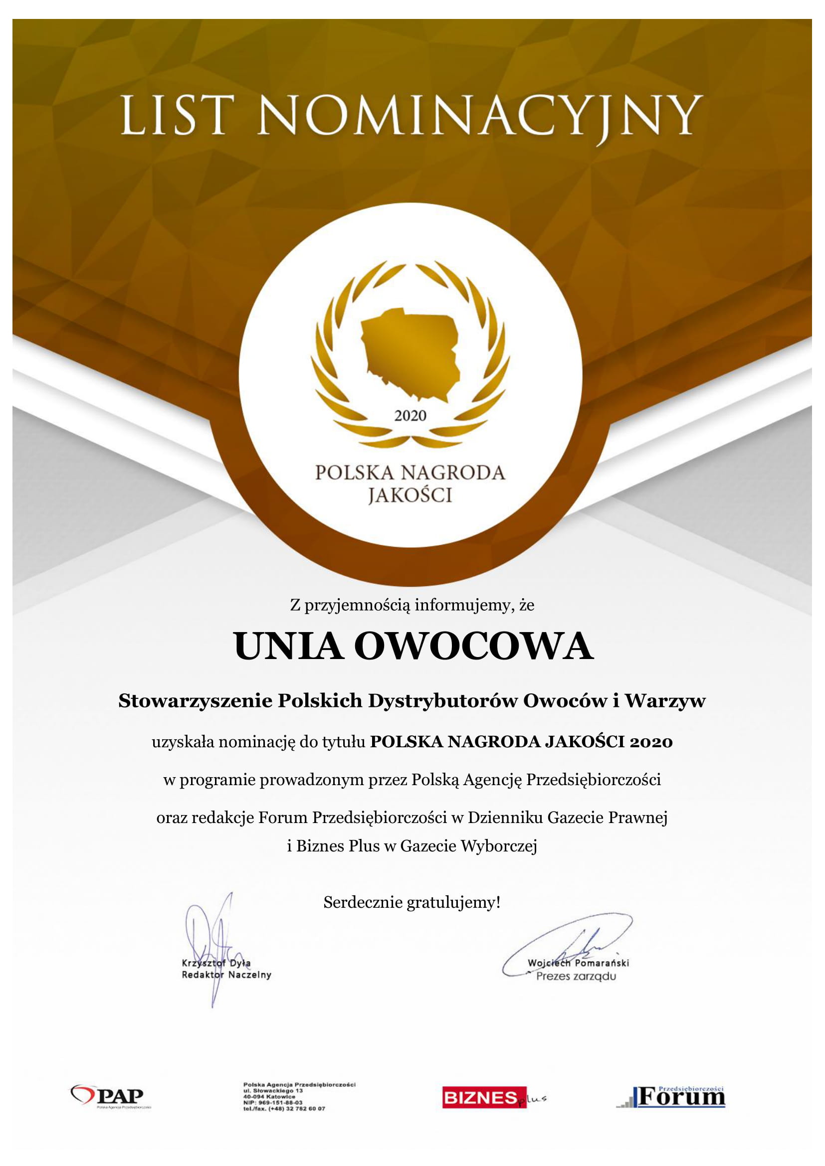 List Nominacyjny PNJ 2020 Unia Owocowa 1